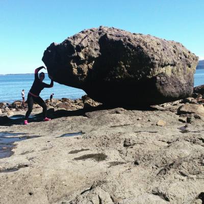 I’m SO strong!’ #balancerock #exploreBC #mediamanaged #haidagwaii #wanderlust #bigrock #bc #canada #travel #goseetheworld (at Balance Rock)