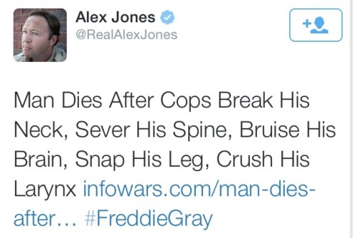 krxs10:UNARMED BLACK MAN KILLED IN POLICE CUSTODY  On April 12, Freddie Gray, healthy and whole, was arrested by the Baltimore Police.According to his family and attorney Billy Murphy, when Freddie arrived at the hospital he had three broken vertebrae,