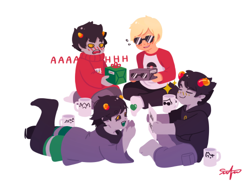 Christmas gifts I drew for my boy @crow-with-a-shortcake​ feat. Davekat + our trollsonas