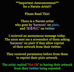 support-pixiv-artists:  EVERYONE, PLEASE SIGNAL BOOST THIS.  DUE TO THIS HAPPENING, HARMONI/UMI4549 NO LONGER WANTS ANYONE TO REPRINT FROM THEM, PIXIV OR TWITTER WHATSOEVER. THEY WILL REFUSE ALL REPRINT PERMISSIONS FROM NOW ON. PLEASE DELETE ANY REBLOGS/L