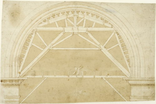Scaffolding for a Large Arch. Below the arch runs a wooden bridge, on which two figures are striding