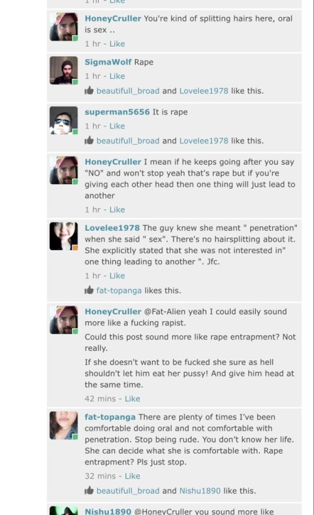 asshats-of-feabie:  Feabie user HoneyCruller is a rape apologist and blames victims.  Jfc