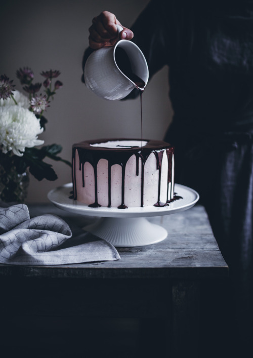 sweetoothgirl:Chocolate Cake with Strawberry Buttercream and Dark Chocolate Glaze The aesthetic is *