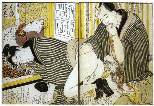 artofshunga:Kitagawa Utamaro (喜多川 歌麿; c. 1753 –1806) Client Lubricating a Prostitutelate 18th C~A Ta