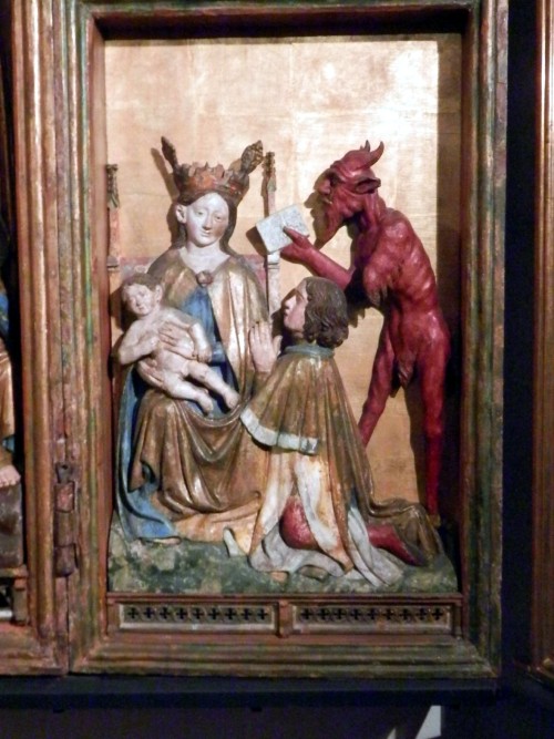 medievalart:Another Reredos detail from Kalanti Church - Virgin Mary frees knight Theophilus from hi
