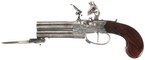 A double barrel flintlock pistol with snap bayonet, crafted by Bird and Ashmore of London, 18th cent