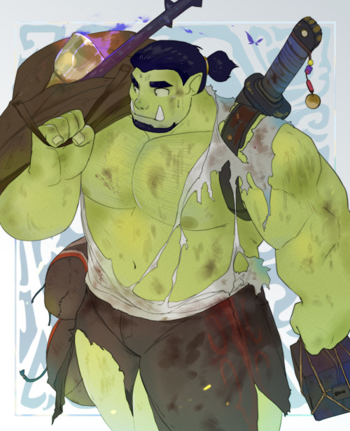 Neeul, an orc, wearing heavily tattered clothing as he casually returns from an adventure. Most of his chest and right leg is exposed, and the clothing he still has struggles to hold together. He has a bag of treasure slung over one shoulder, and a sword strapped to his other. His left hand carries a small treasure chest.