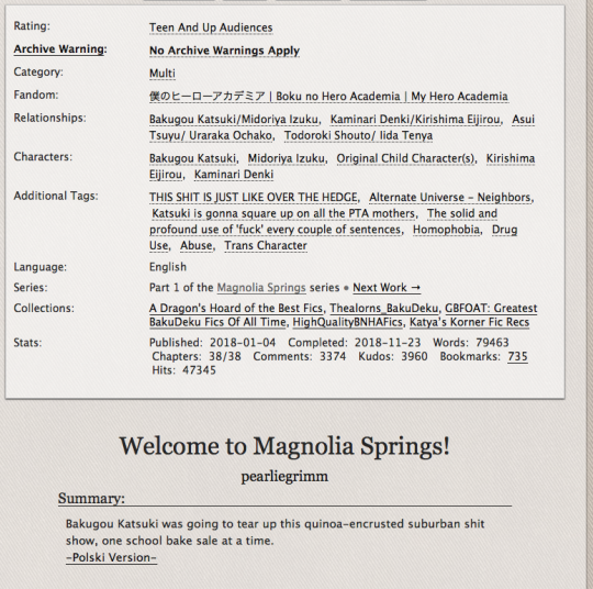 Screenshot of AO3 fic welcome to magnolia springs