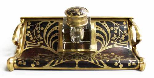 artnouveaustyle:  Various brass inlay designs made by the German company Erhard & Söhne, circa 1900′s. Photos from pinterest/various auction sites. 