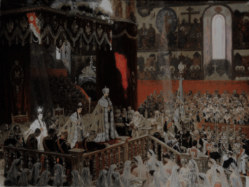 historyofromanovs: The last Romanov patriarchs at their Coronation Mass, painting by Laurits Regner 