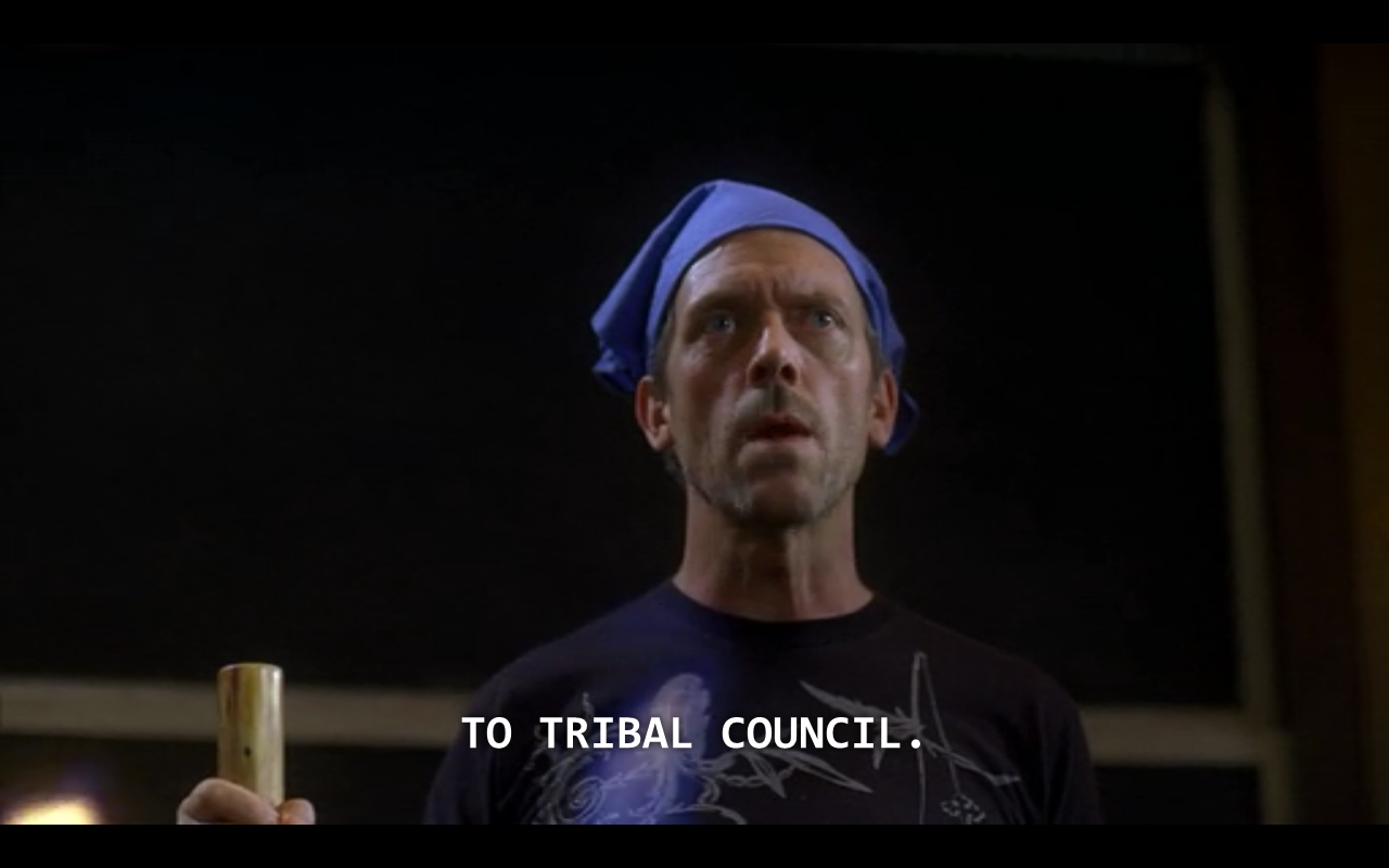 reven-backwards:  “Thank you all for coming… to tribal council.” 97 Seconds