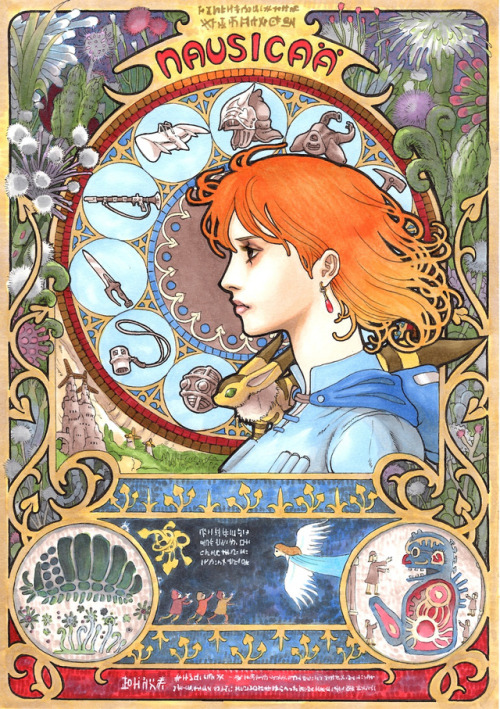 miyazakimoonprincess:  Miyazaki/ Mucha/ Art Nouveau Inspired art by Pixiv user marlboro. Found on this article. Very awesome art. My fav’s are Kiki and Castle in the Sky… 