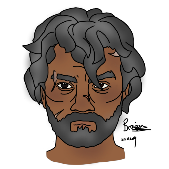Halt O’Carrick, grumpy dad extraordinaire.  he has brown skin, messy grey hair and beard, and multiple scars on his face. he is frowning.