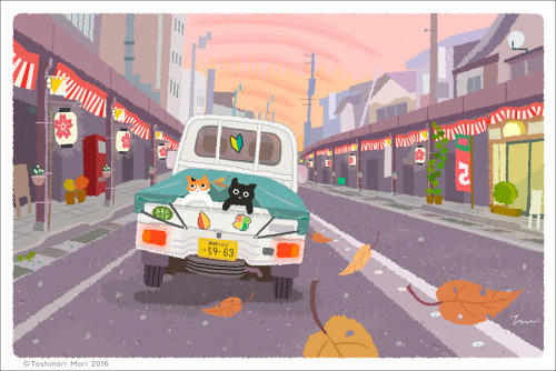 イラストレーター森俊憲が描く、猫のイラスト『たびねこ』シリーズの新作です。10月用のカレンダーイラストです。秋祭りの日に軽トラの荷台に潜り込んで旅をする猫のカップルを描きました。このイラストを使ったカ
