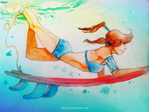 mooomnooon:  madeofcola:  Surfin’. huhu I guess this will be one of the things she will miss *spoiler watercolorz. cola-san.deviantart.com  I need more korra surfing fan art 