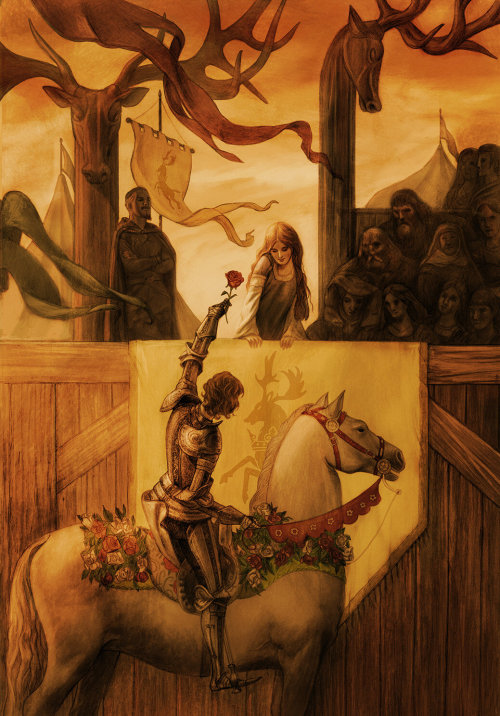 nobodysuspectsthebutterfly: Ser Loras Tyrell presents a rose to Sansa Stark, by Jonathan Burton, for