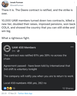 macleod:Great Job UAW! The six-year agreement between Deere and the United Auto Workers union offers an immediate 10% raise, two subsequent raises of 5%, cost-of-living adjustments to defray inflation and an Ű,500 ratification bonus for each worker,