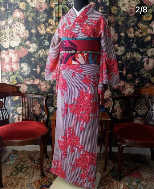 Bright antique kimono outfit, featuring this amazingly modern-looking tsutsuji (azalea) over stripes