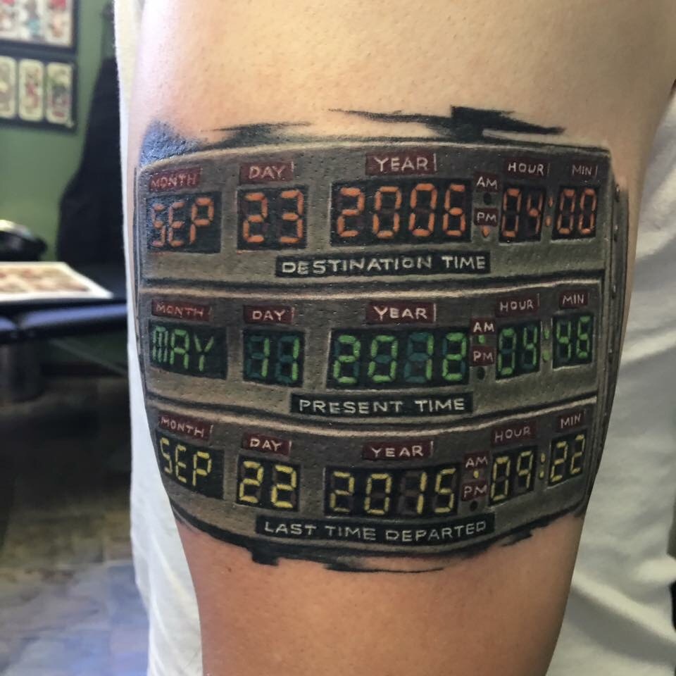 Healed DeLorean DMC12 tattoo from Back to the Future