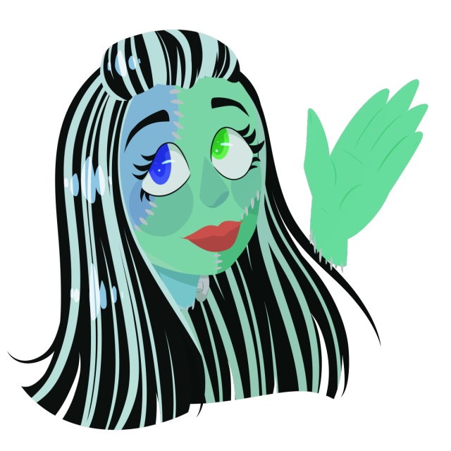 a lineless digital drawing of Frankie Stein, a monster girl with long black and white hair, mismatched eyes, and patchwork green and blue skin. she is waving with a severed floating hand