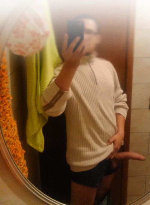 weicebig:  Mirror  big pretty dick > zip turtleneck sweater + orange macramé (?) bathroom object