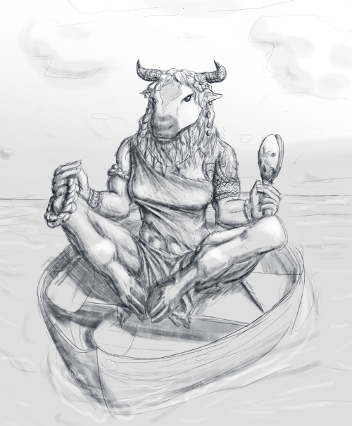 Minotour druid meditating on a rowing boat.