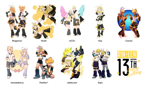 100kagaminecollab:Happy 13th Birthday to Kagamine Rin and Len!!The 100 Kagamine Collaboration team i