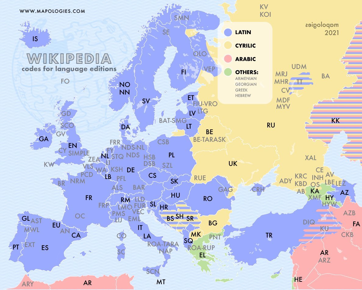 The languages of wikipedia and its codes in one map.
by @Mapologies_com
