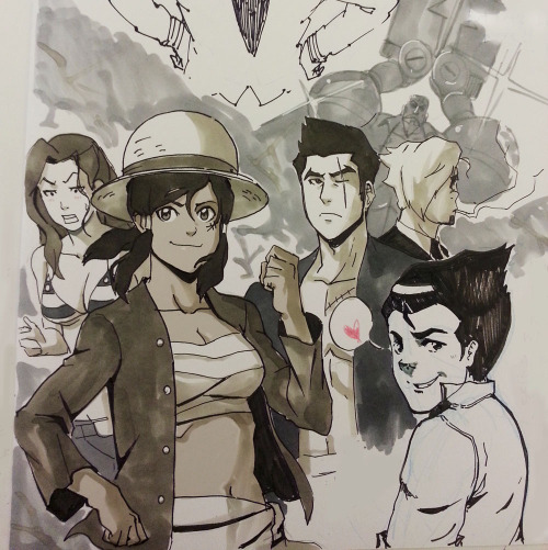 misterunagi:  More Korra book signing drawings for friends!  Legend of One Piece on the top for the awesome Christie Tseng. (the seductive Bolin in front of Zoro/Mako by the amazing Ang Sung!! Sorry my drawing got all up in space..)  Gundam Tenzincorn