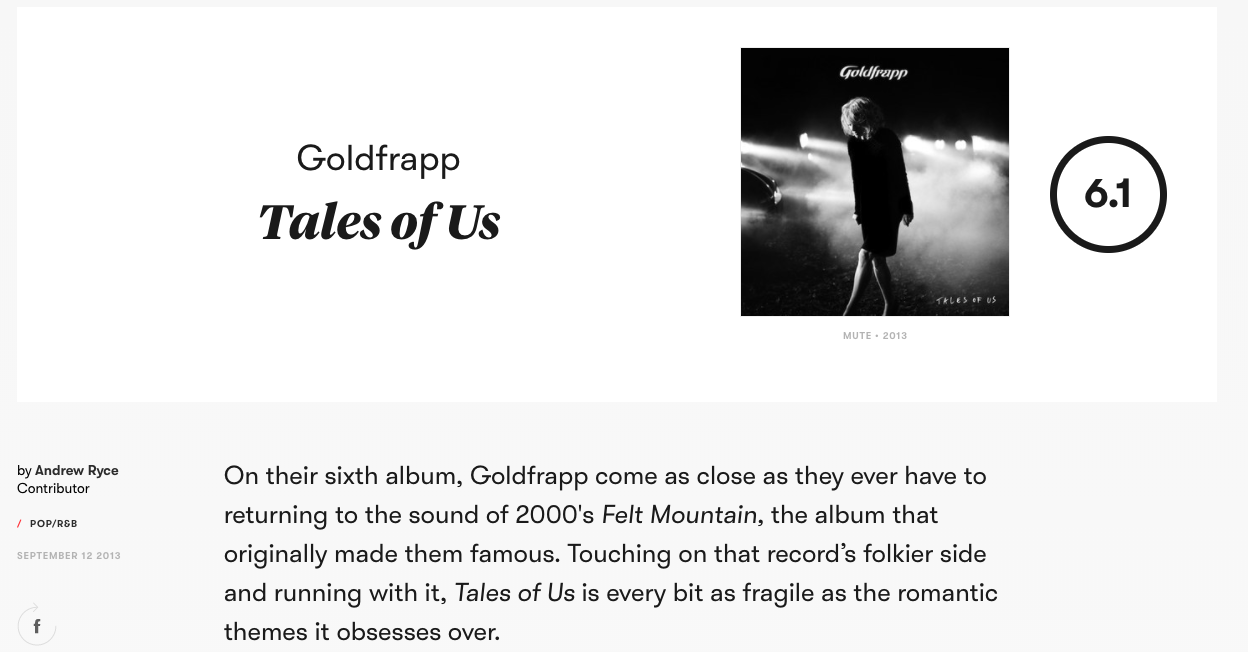 isitbetterthanemotion:  Is it better than E•MO•TION?: Goldfrapp: Tales of UsPitchfork