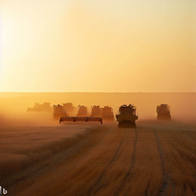 A bing robot generated response to: ""A herd of wild, wandering combine harvesters roam loosely together toward the far sunset."