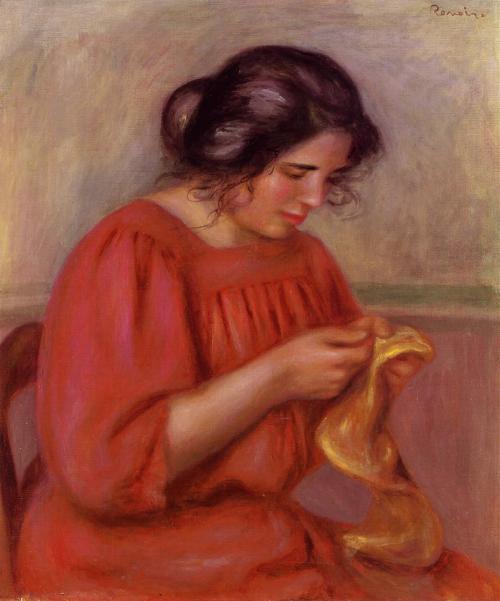 artist-renoir:Gabrielle Mending, 1908, Pierre-Auguste RenoirMedium: oil,canvas