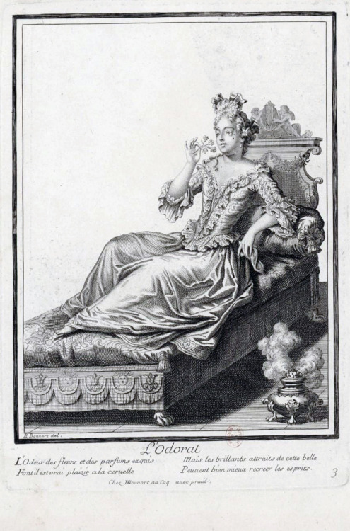 &ldquo;L'Odorat-Une femme étendue sur un divan sentant une fleur&rdquo; by Robert Bonnart, 17th cent