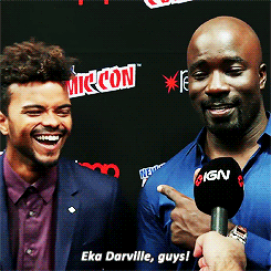 ryan-reynolds:  Eka Darville and Krysten Ritter crashing Mike Colter’s interview
