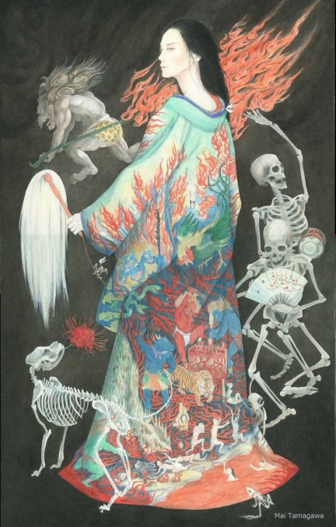 Jigoku tayu (”hell courtesan”) kimono attire showing souls undergoing the trials of Hell (art by Tam