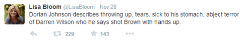 justjasper:  @LisaBloom on the testimony/treatment of Dorian Johnson (Mike Brown’s friend, with him at the time he was murdered by Darren Wilson) “Like how victims of mass shootings describe their fear”