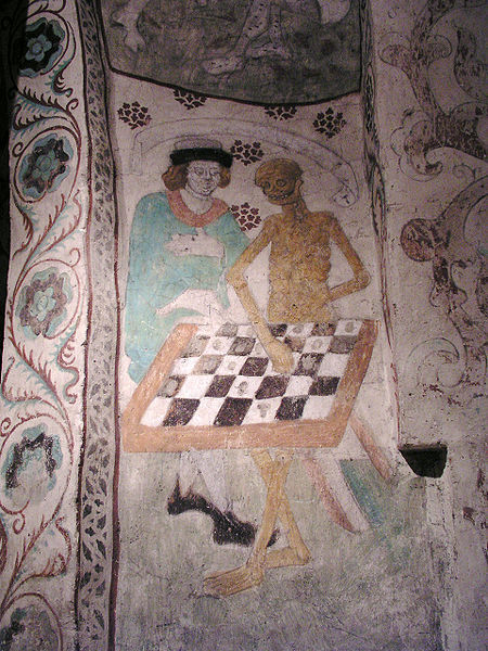 themacabrenbold:He who never loses Life is a game: Death Playing Chess from Täby Church in Swed