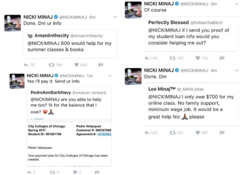 weavemama:nicki minaj paid off people’s student loans &amp; tuition as long as they have good grades,….bless her for doi