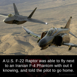 bubbalicious28:  773dad: mindblowingfactz:    A U.S. F-22 Raptor was able to fly next to an Iranian F-4 Phantom with out it knowing, and told the pilot to go home.  “He [the Raptor pilot] flew under their aircraft [the F-4s] to check out their weapons