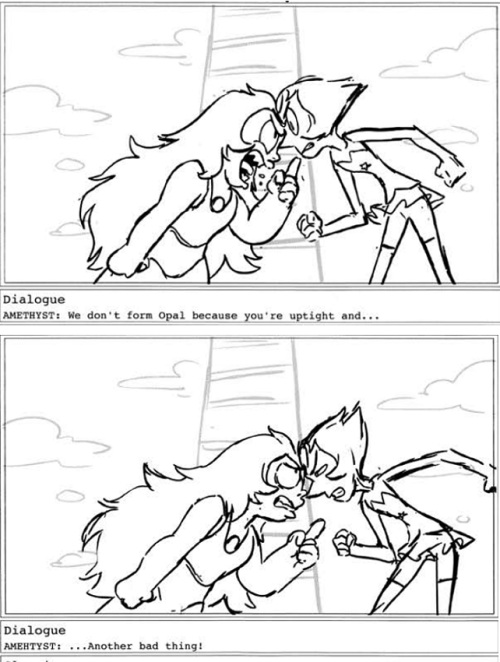 A collection of omitted dialogue from the Steven Universe storyboards. Specifically, these are ones that span 2 or more panels. Single panel collection can be found here. Contains board panels from:  Gem Glow - by Joe Johnston & Jeff LiuFrybo - by