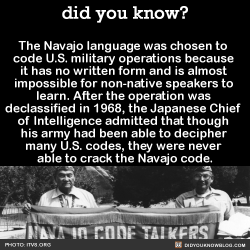 browniec: gardnerhill:  did-you-kno:  The Navajo language was chosen to  code U.S. military operations because  it has no written form and is almost  impossible for non-native speakers to  learn. After the operation was  declassified in 1968, the Japanese