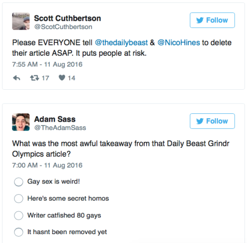 micdotcom:  Early on Thursday, The Daily Beast published an article by London editor Nico Hines in which he “reported” on his use of Grindr at the 2016 Rio Olympics. Hines is a straight man, and the article is an unethical mess.  Hines, who is married
