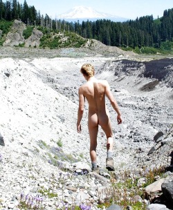 nudeforall:  Hiking boots and nothing else.