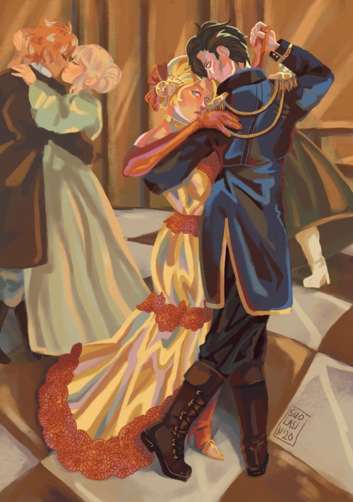 a commission for @/antebellis on twitter! hubert and ingrid dancing together while keeping watch so 