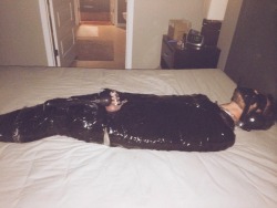 gayboykink:  southsub:  Mummified in saran wrap and then duct tape. Gagged. Blindfolded. Ears plugged. And left with a vibrator on my caged cock. Not to mention the toothbrush he used on my dickhead. I tried hard to get outta that one.  Oh my you lucky