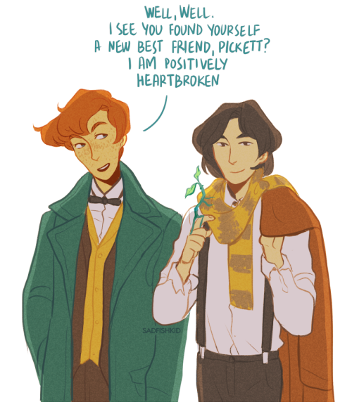 sadfishkid:travelling magizoolist and his apprentice (and one bowtruckle with attachment issues)(on 