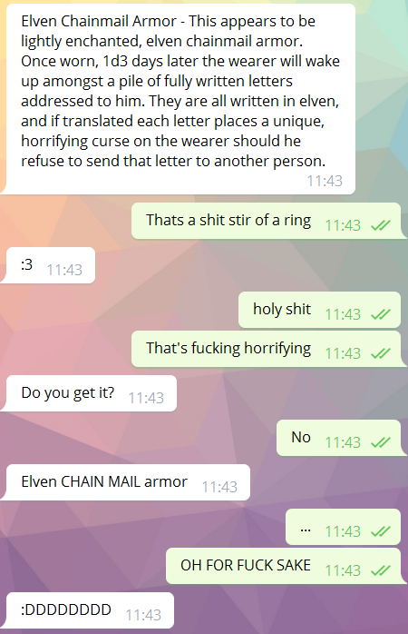 awyrgwaed:  Okay so which God do I have to follow to save me from this fucking campaign @erisgwaed YOU’RE GOING TO KILL ME 