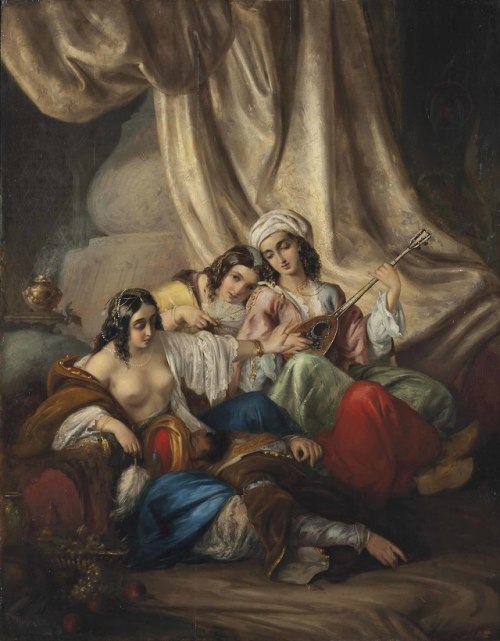 Musical enchantment (1855). French school, 19th Century, signed F Berger. Oil on panel.The women of 