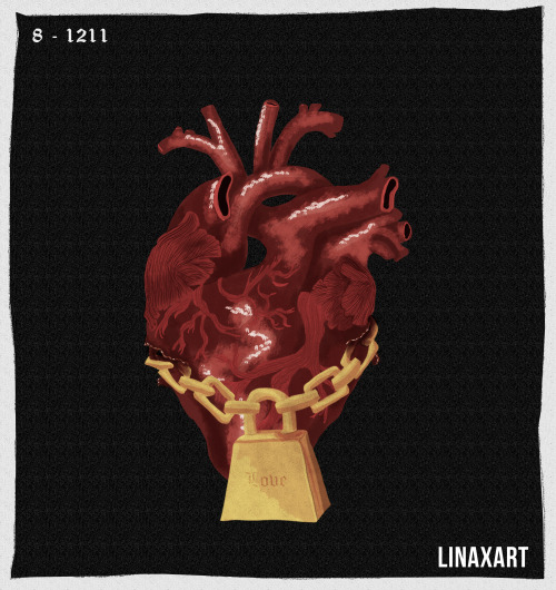 linaxart: 8. 1211[ID: a digital drawing of an anatomical human heart on a black background. A golden