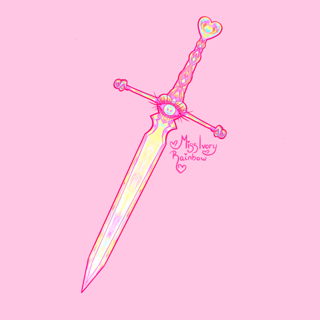 Digital painting of a pastel rainbow knife or sword on a pastel pink background. The knife has hearts on the hilt and guard 